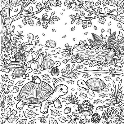Immerse yourself in the beauty of autumn with this enchanting coloring page featuring cute turtles and tortoises. Discover a vibrant fall forest filled with festive harvest bounty, friendly animals, and playful scenes perfect for all ages.