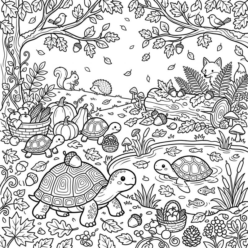 Immerse yourself in the beauty of autumn with this enchanting coloring page featuring cute turtles and tortoises. Discover a vibrant fall forest filled with festive harvest bounty, friendly animals, and playful scenes perfect for all ages.