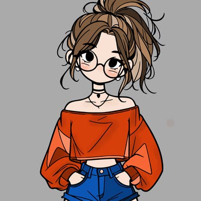 girl with a messy ponytail glasses a baggy crop top and jean shorts