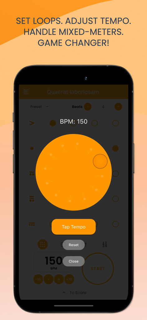 DropSpin Metronome - DropSpin Metronome app interface showing a large orange tempo dial set to 150 BPM
