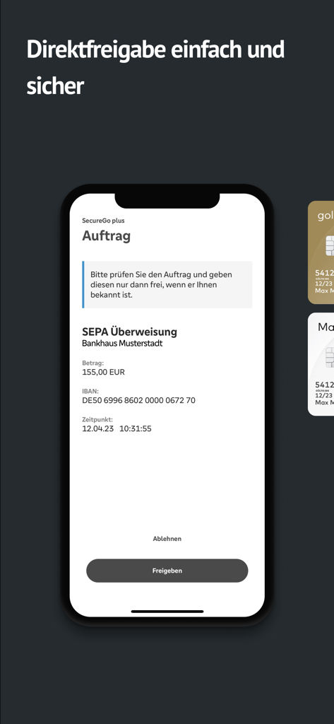 SecureGo plus app interface showing a secure SEPA transfer approval request on a smartphone