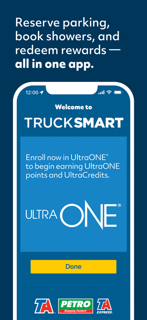 TruckSmart app welcome screen featuring UltraONE rewards and service reservation options.
