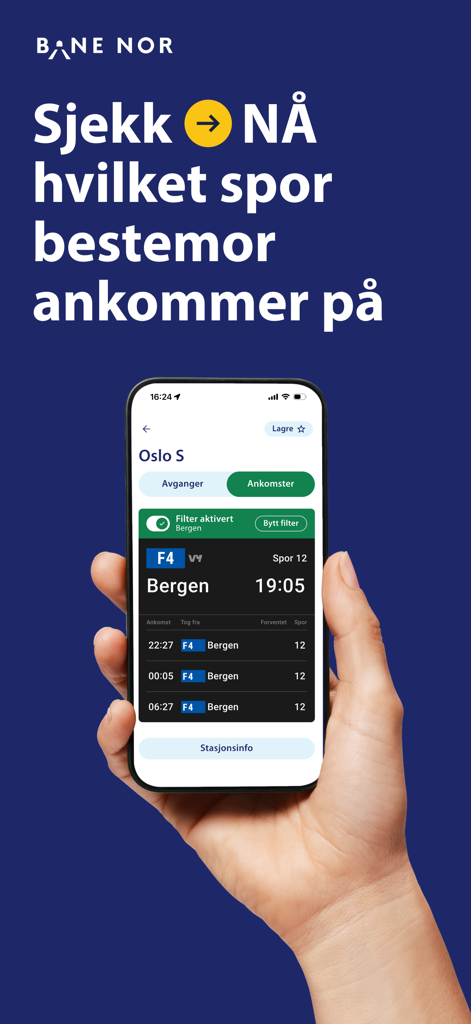 NÅ - Hand holding a phone showing the NA app train arrivals screen for Oslo S