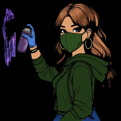 realistic girl with mask spray painting a wall