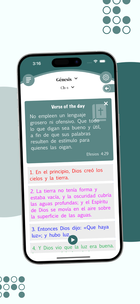 Interfaz de la app La Biblia NTV mostrando el libro de Génesis con versículos resaltados en colores y una ventana emergente del versículo del día en español.