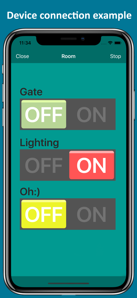RemoteXY - Dashboard de la aplicación móvil RemoteXY con interruptores personalizados para el control de puertas y luces.