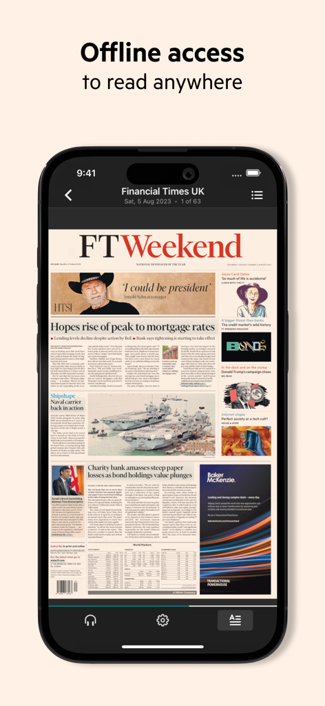 FT Digital Edition - Visualizzazione replica del quotidiano FT Digital Edition su uno smartphone per la lettura offline