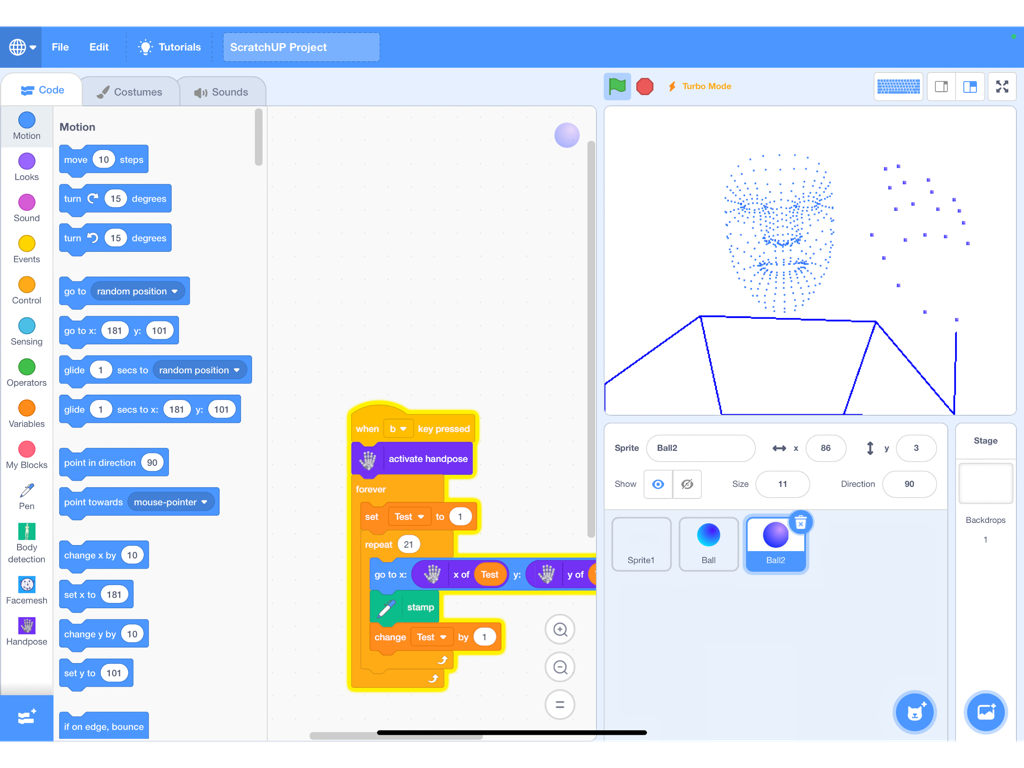 ScratchUP - ScratchUP block coding interface on iPad featuring AI face and hand tracking