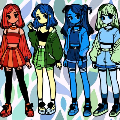 one girl with crop-top shirt and a jacket with a skirt, long socks and another girl with a shirt and pants with a jacket