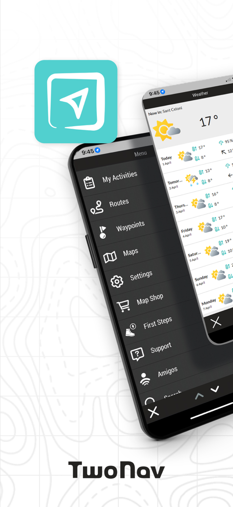 TwoNav 6: Routes and Maps - TwoNav 6 mobile app showing the main navigation menu and weather forecast interface