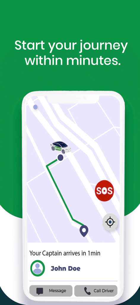 Faras - Faras App-Oberfläche mit Echtzeit-Fahrer-Tracking auf einer Karte mit geschätzter Ankunftszeit.
