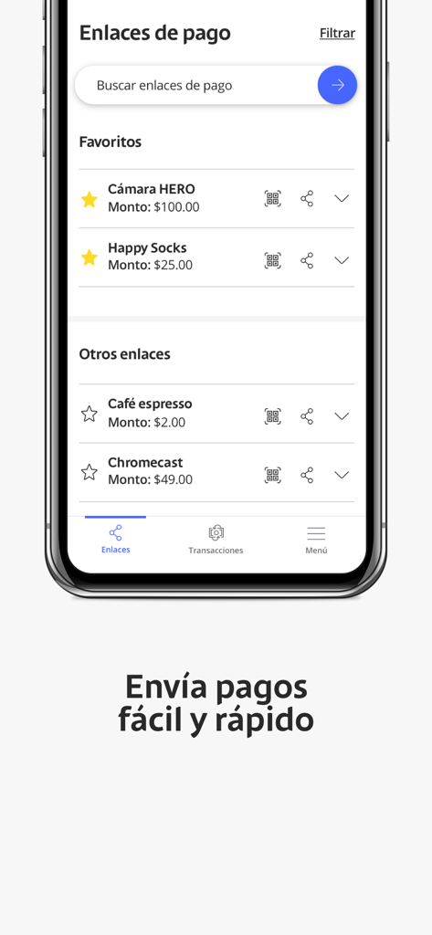 Wompi - Schermata dell'app mobile che mostra un elenco di link di pagamento per diversi prodotti all'interno dell'interfaccia Wompi