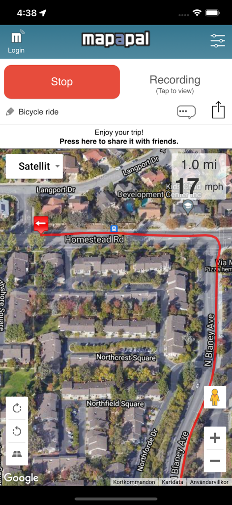 Mapapal -Real Time GPS Tracker - Aplicación Mapapal que muestra un seguimiento GPS en tiempo real de un viaje en bicicleta en un mapa satelital