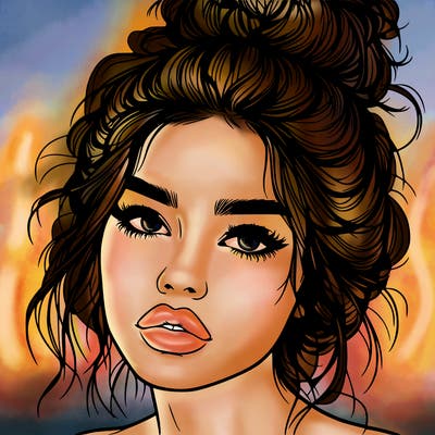 realistic girl with lips and hair in a messy bun