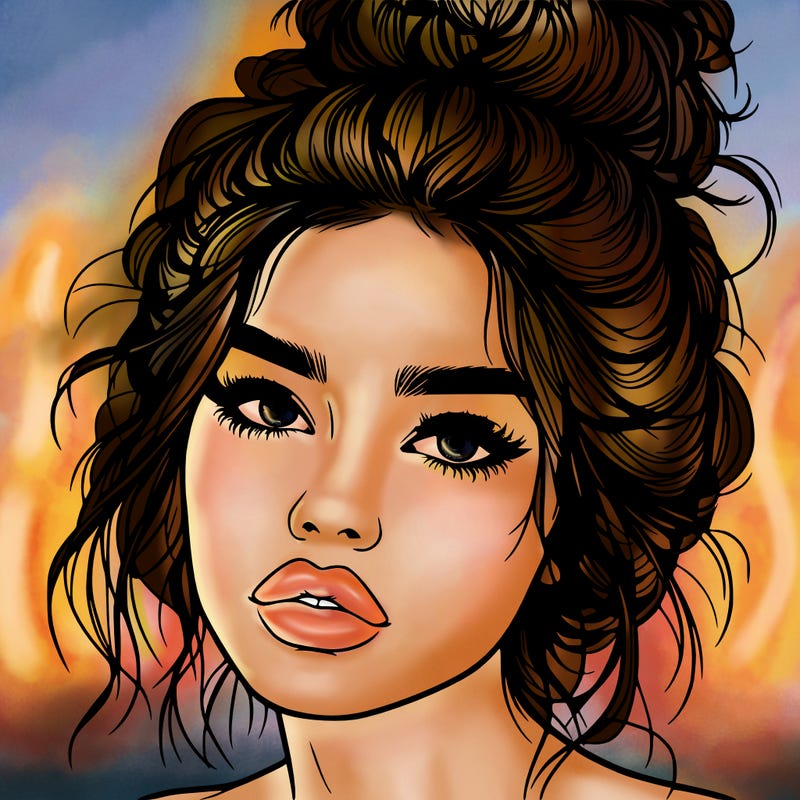 realistic girl with lips and hair in a messy bun