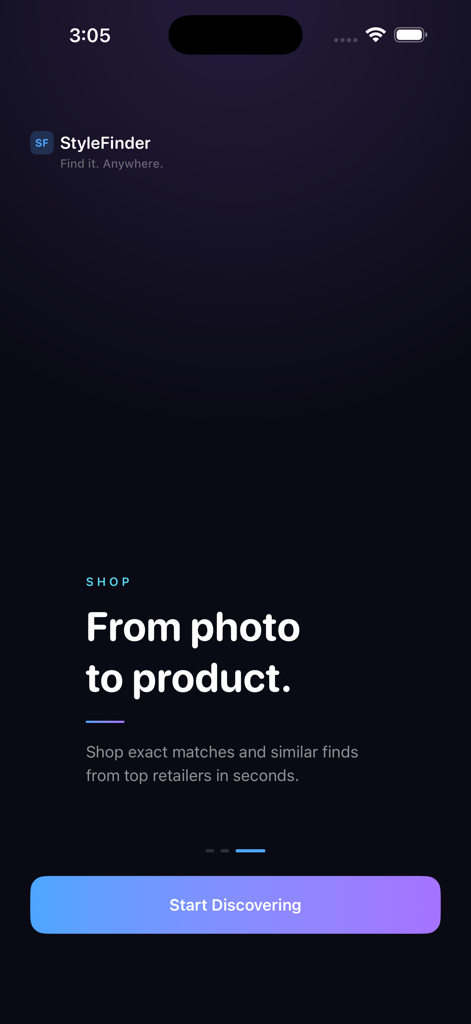 StyleFinder app onboarding screen featuring the headline From photo to product