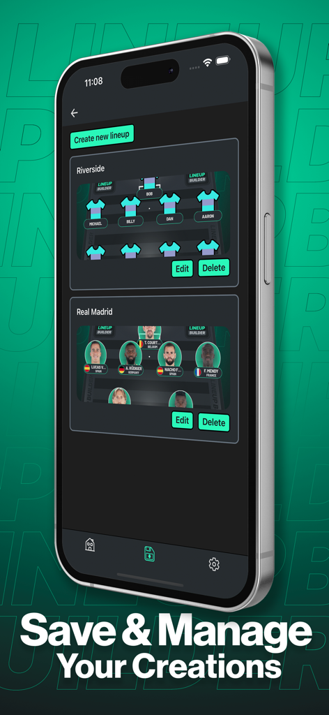 Lineup builder - Interfaz de usuario de la aplicación Creador de Alineaciones mostrando una lista de formaciones de fútbol guardadas para diferentes equipos con opciones de editar y eliminar.