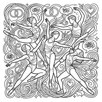 Dive into the expressive world of human connection with this unique coloring page. Featuring dynamic dancers intertwined with abstract patterns, it beautifully visualizes the complexities of interpersonal dynamics.