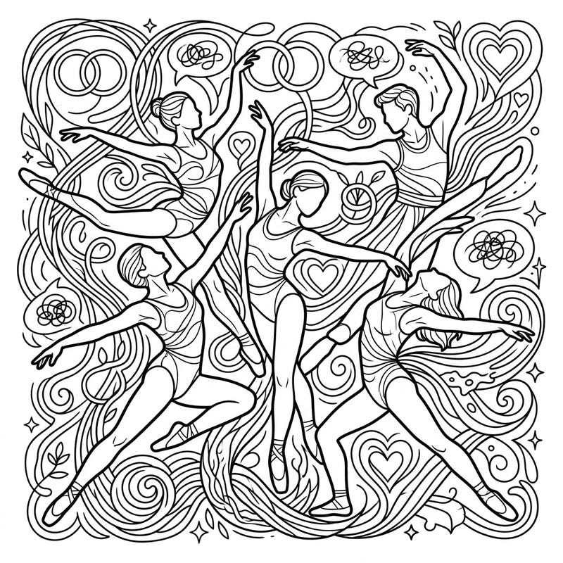 Dive into the expressive world of human connection with this unique coloring page. Featuring dynamic dancers intertwined with abstract patterns, it beautifully visualizes the complexities of interpersonal dynamics.