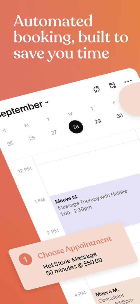 Acuity Scheduling - Acuity Scheduling mobile app interface showing a calendar with a massage therapy appointment.