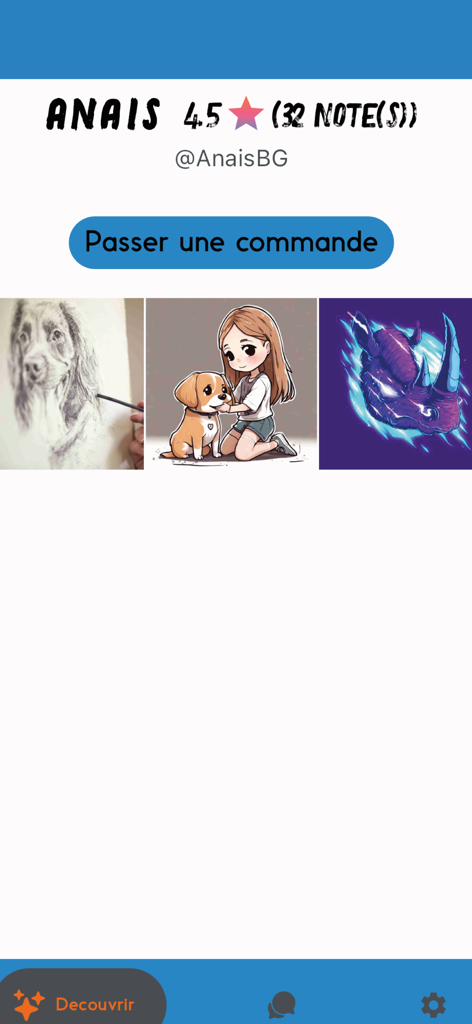 Artist profile page on the Thalie app showing a portfolio of custom illustrations and a commission button