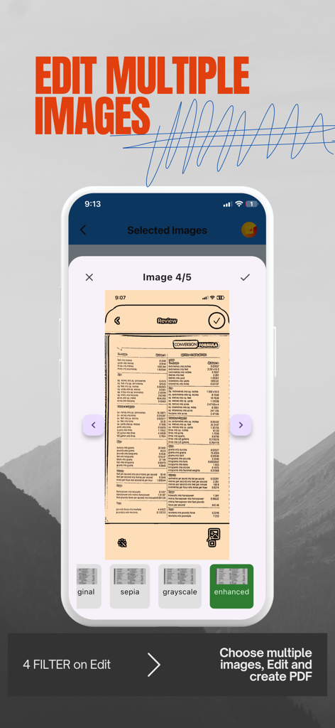 Interface of PDF Scanner RS app for editing multiple scanned documents with professional filters like enhanced and grayscale.