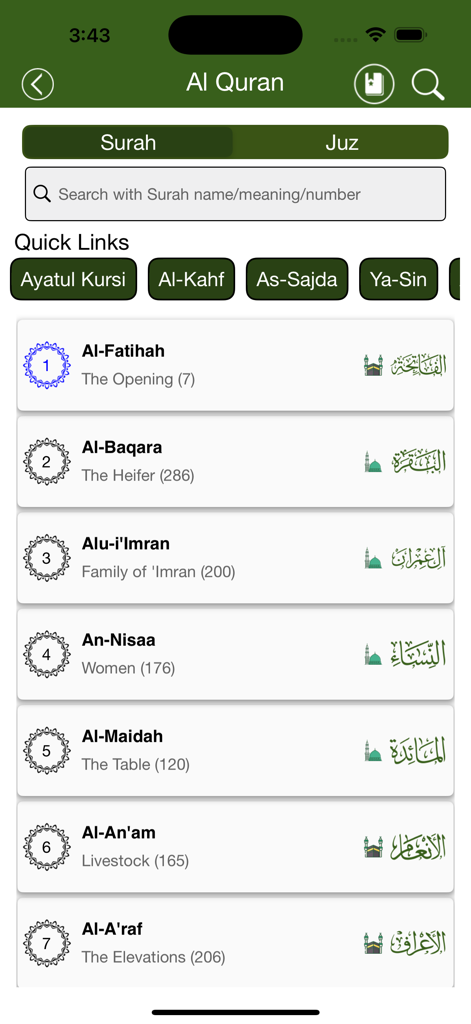 The Al Quran section of the Muslim Dawah app displaying a list of Surahs and search functionality