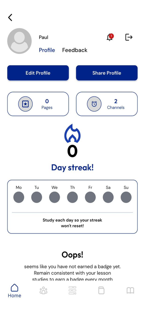 ECWA INTL. - User profile screen of the ECWA INTL app featuring a daily study streak tracker and lesson progress