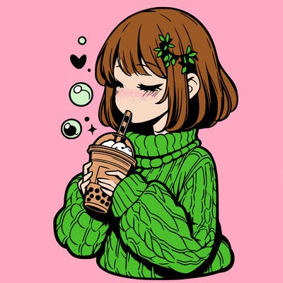 manga girl drinking boba in cozy sweater