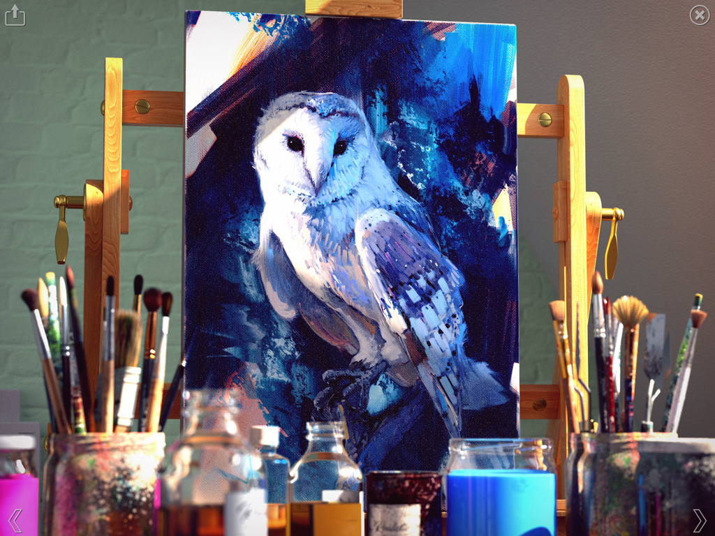 Realistic Paint Studio - Una pintura digital realista al óleo de un búho expuesta en un caballete de madera dentro de un estudio de arte virtual.