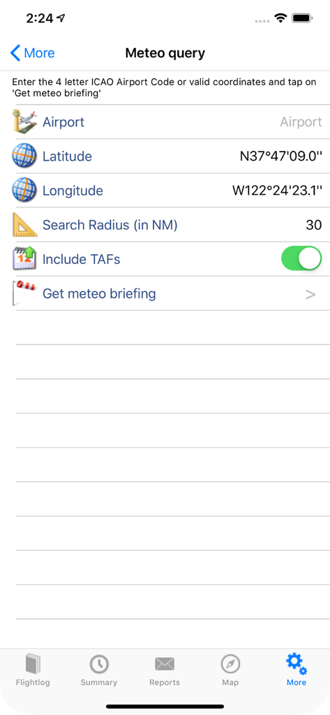 ROTAIR FlightLog - Meteo query interface in the ROTAIR FlightLog app showing airport weather search options by ICAO code or coordinates.