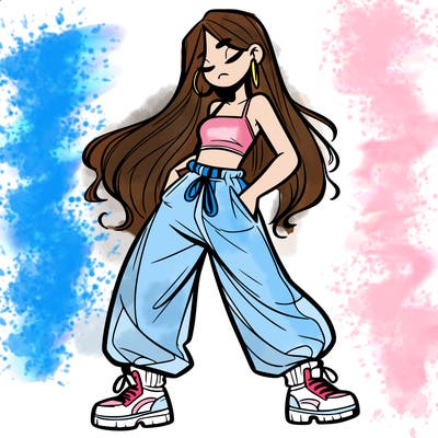 girl in baggy pants crop top and long hair