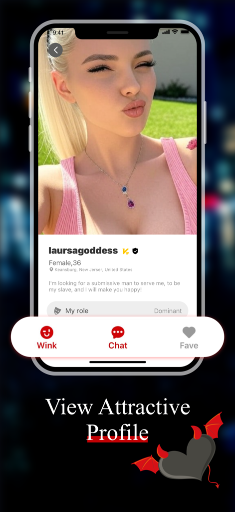 Kinks: Meet Couples & Singles - Perfil de usuario de una mujer en la aplicación KinkS mostrando su biografía, rol dominante y opciones para guiñar o chatear.