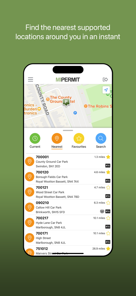 MiPermit - MiPermitモバイルアプリインターフェース。地図付きの近くの駐車場所のリストを表示します。
