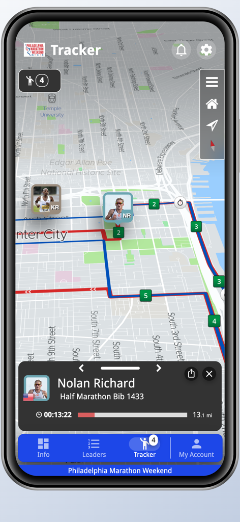 A mobile phone screen displaying a live map for the Philadelphia Marathon Weekend with real-time runner tracking and participant stats.