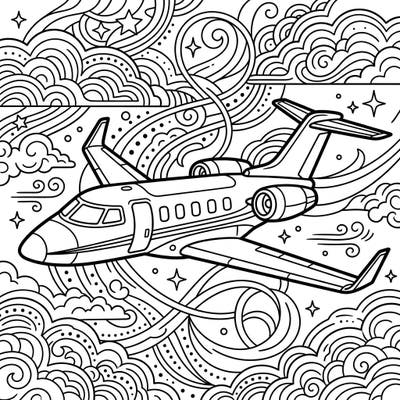 Take off on a luxurious coloring journey with this stunning private jet design. Featuring a sleek aircraft amidst artistic clouds, it promises an elegant and engaging creative escape.