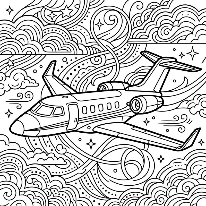Take off on a luxurious coloring journey with this stunning private jet design. Featuring a sleek aircraft amidst artistic clouds, it promises an elegant and engaging creative escape.