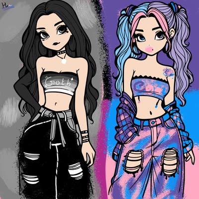 2 girls in crop tops and baggy jeans ripped