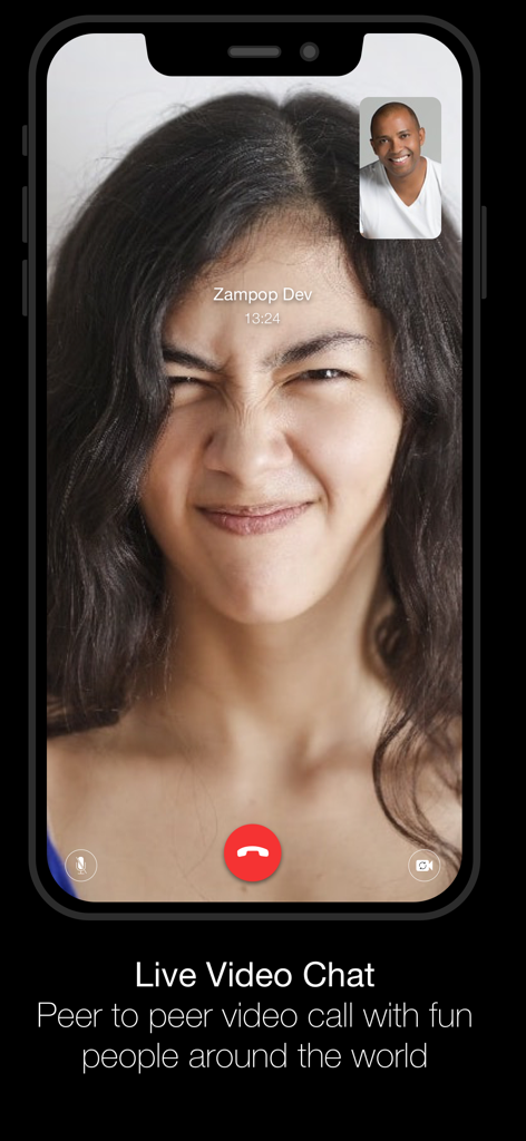 Interfaz de la app Videollamada en Vivo mostrando una videollamada peer-to-peer en tiempo real entre dos usuarios