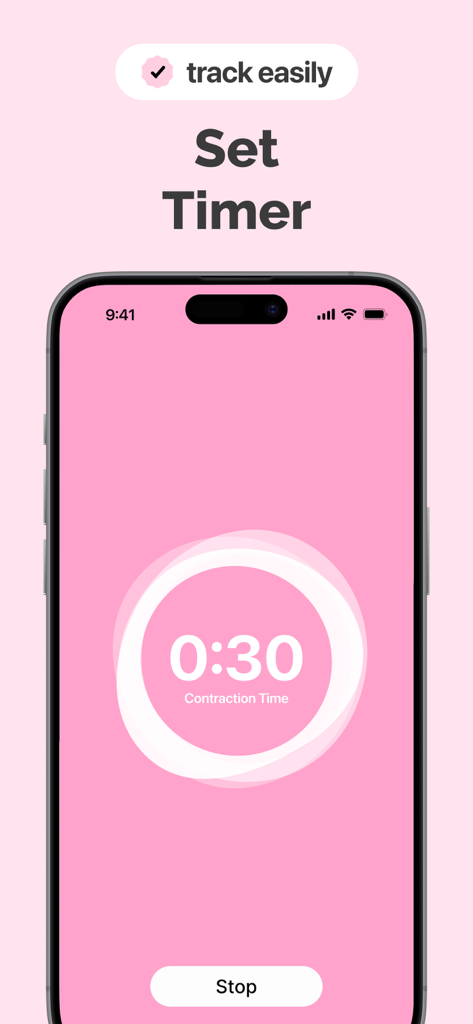 Contraction timer interface showing 30 seconds of labor duration