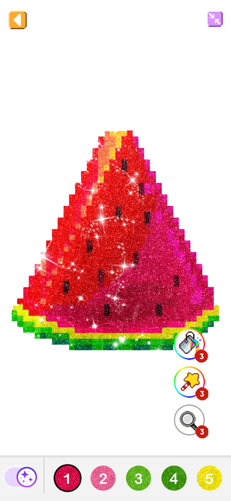 A pixel art watermelon slice being colored with glittery textures in the Pixel By Number app interface.