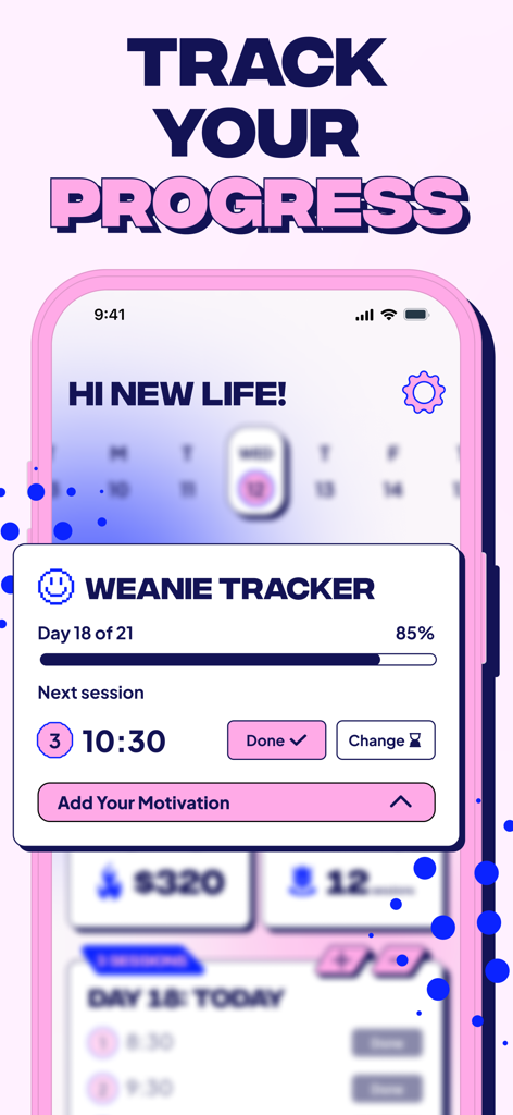 Weanie - Quit Smoking Tracker - Weanie app interface displaying progress on a 21-day quit smoking weaning plan with scheduled sessions and a progress bar.