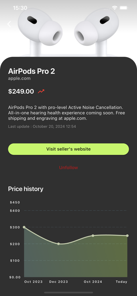 Price Drop - Tracker - Mobile app screen showing the price history graph and product details for AirPods Pro 2