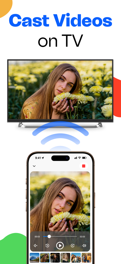 Mobile app interface showing wireless video casting from an iPhone to a smart TV screen