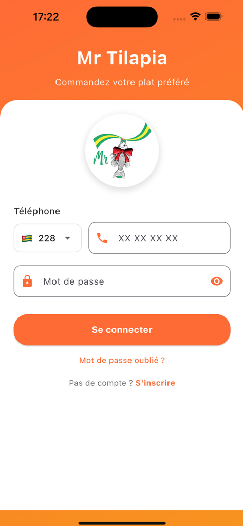 Mr Tilapia - Login screen of the Mr Tilapia app for authentic Togolese food delivery