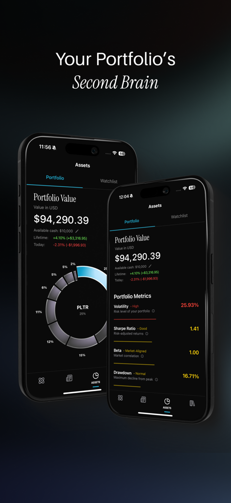 Barebone AI app dashboard showing portfolio value, asset allocation, and financial risk metrics.