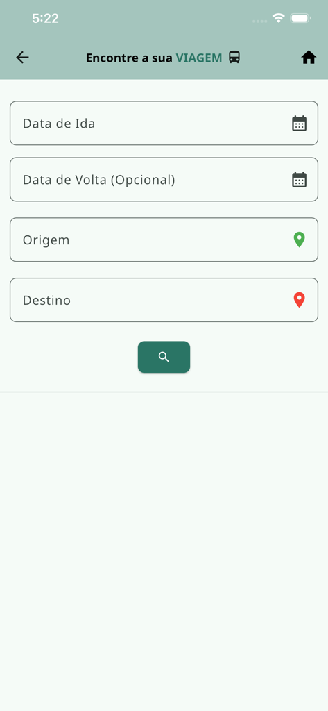 Search screen for bus trips in the Real Express app with fields for date origin and destination