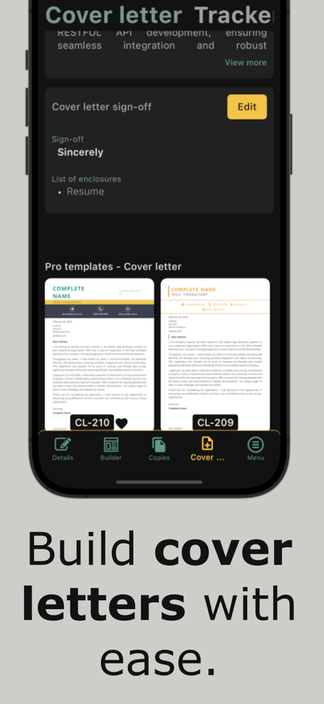AI Resume Writer Genius: Resji - La interfaz de la aplicación Resji muestra plantillas profesionales de cartas de presentación y opciones de personalización para solicitudes de empleo.