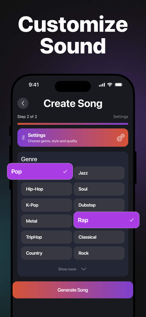 AI Song Makerㅤ - Interface of the AI Song Maker app showing the genre selection screen with Pop and Rap options selected under the Customize Sound heading.