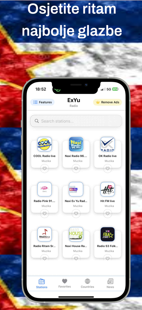 ExYu FM – Balkan Radio - ExYu FM Balkan Radio app interface showing various radio stations.